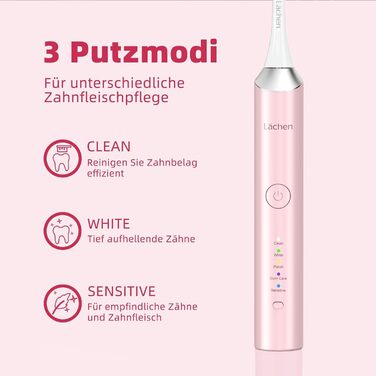 Електрична звукова зубна щітка Läschen, 5 режимів, з чохлом для подорожей, 4 насадки, USB-зарядка на 60 днів, таймер, IPX7 водонепроникність, рожева