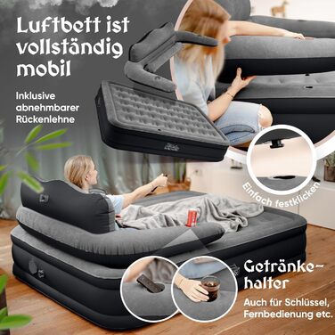 Надувне ліжко для 2 осіб [3-в-1 система] | Елегантне гостьове та кемпінгове ліжко | Надувна матрац з електропомпою 150x200 | Самостійно надувна повітряна матрац 2 особи Чорний/Антрацит