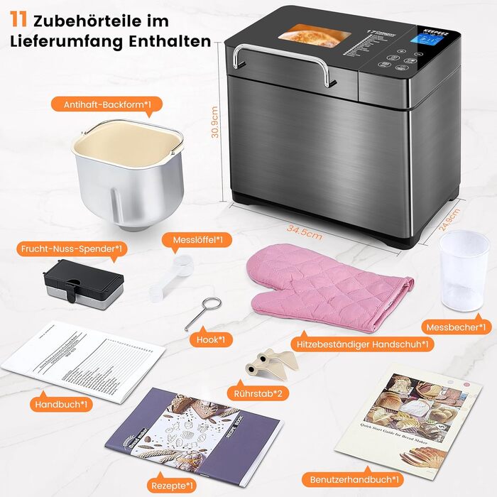 Професійний хлібопекарський автомат з нержавіючої сталі з керамічною формою, сенсорним екраном та двома датчиками температури, 17 програм, дозатор горіхів, 710W, 1 кг, таймер