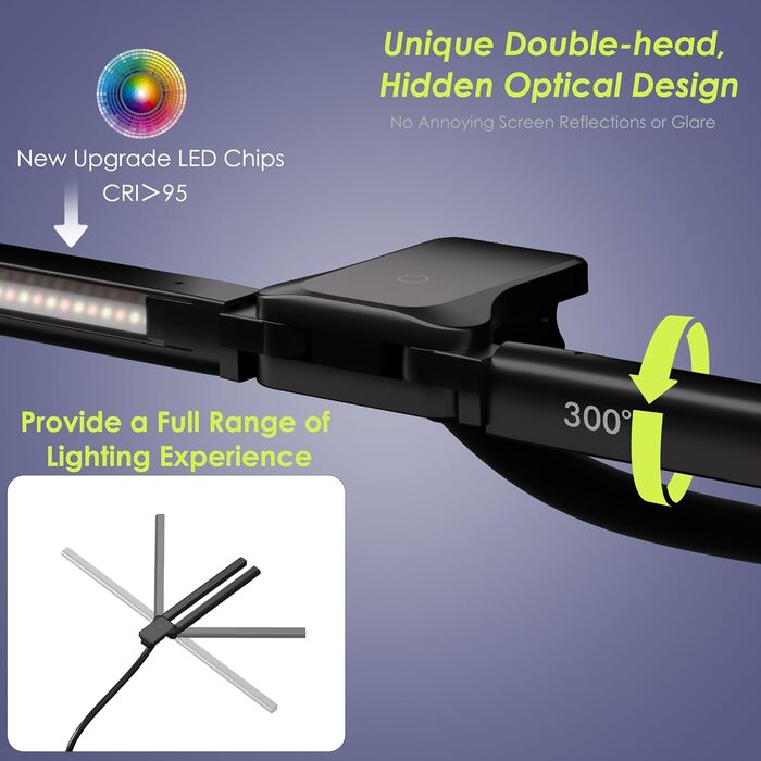 Настільна лампа для дітей з двома головками, захист для очей, 16W, 72см, денне світло, з пультом, регулювання яскравості, з шийкою 