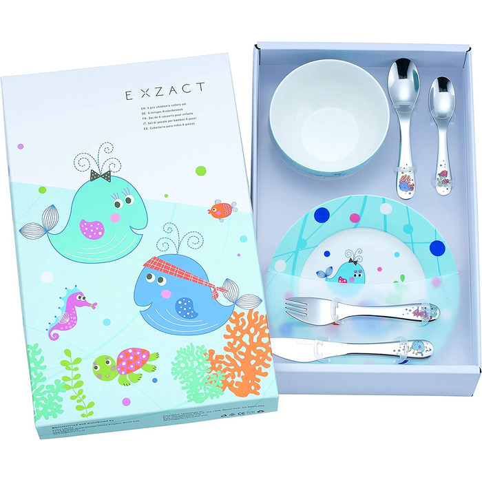 Набір дитячого посуду Exzact з нержавіючої сталі (6 шт.) - миска, тарілка, ніж, виделка, ложка для чаю, столова ложка - подарункова коробка