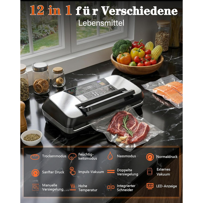 Вакууматор для продуктів 12-в-1 (95 kPa) з подвійним швом, системою Easy-Lock та вбудованим різаком, сріблястий