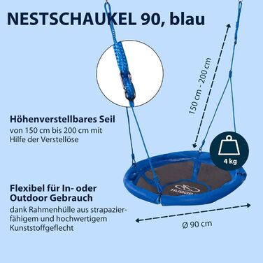 Шоукель HUDORA Nestschaukel 90 - пластикова сітка-шоукель до 100 кг, діаметром 90 см для дому та вулиці, регульована висота, сімейна шоукель для дітей та дорослих (Блакитний)