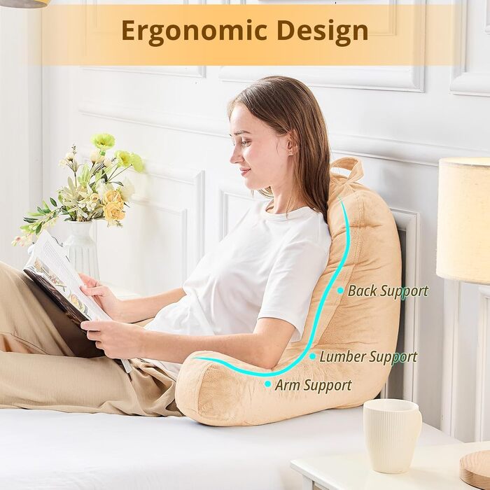 Підкуштуник Sasttie з велюровою спинкою для читання в ліжку, м'яка подушка для підтримки спини, з підлокітниками для дивана, софи та підлоги, ідеально для гуртожитків та аксесуарів для читання, колір: пісочний