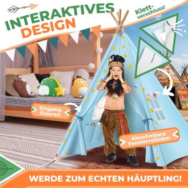 Дитячий намет KIDIZ Teepee 100x100x160см зі світлодіодом, декором та аксесуарами, для дому та вулиці (Синій)