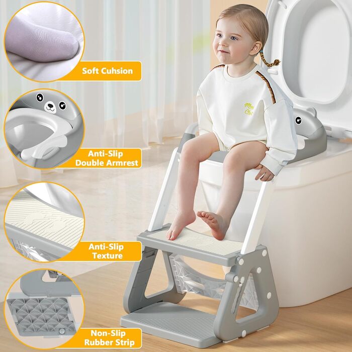 Унітаз дитячий зі сходинками 2-в-1, сидіння для унітазу з драбинкою для дітей від 2 до 5 років, PU-подушка, антиковзний килимок