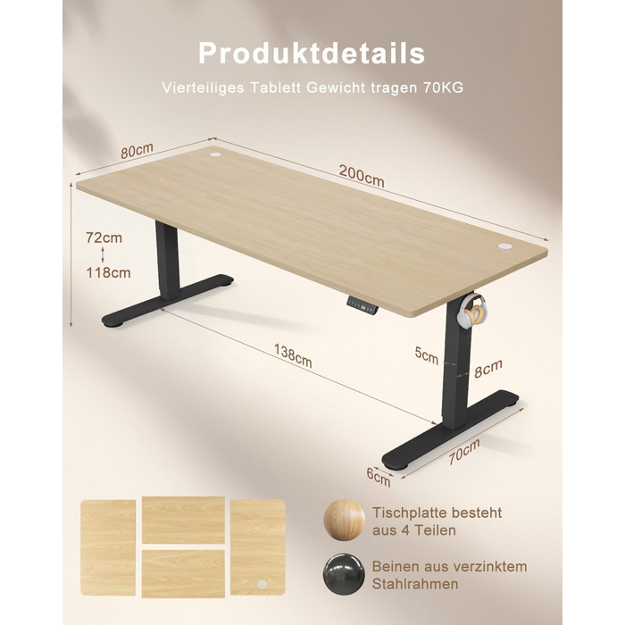 Регульований стіл висотою 200x80 см з USB-портом, 3 режими пам'яті, антиколізійна система, комп'ютерний стіл, горіх+чорний