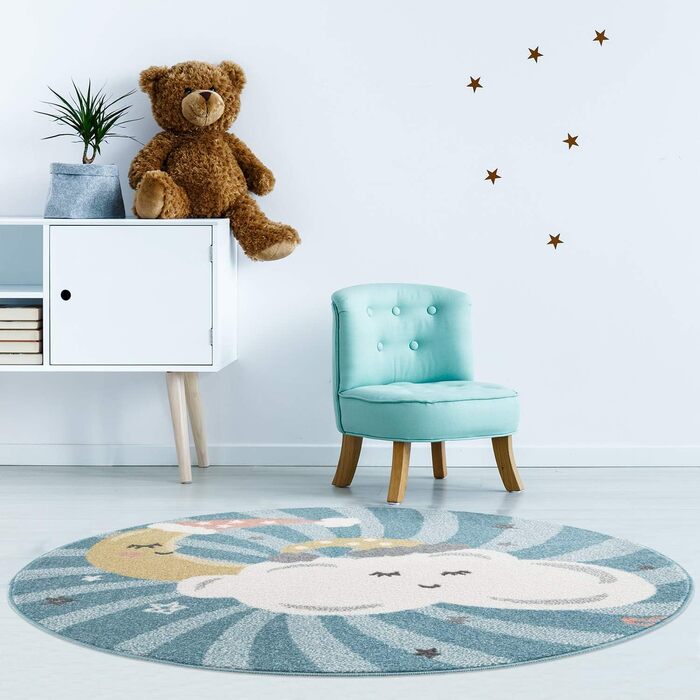 Килим дитяча кімната - синій - 120x160см - Хмари, місяць і зірки - Ігровий килимок Дитячий килимок з коротким ворсом - Oeko-Tex Standard 100 (120 см круглий)