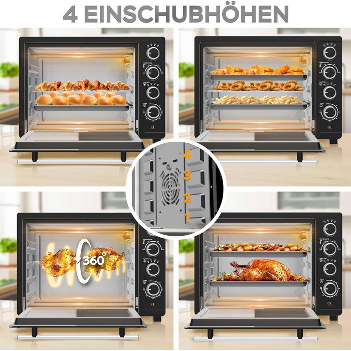 Міні-піч TurboTronic 35л з конвекцією, чорна, 1600W. 2 дека, таймер, піч для піци та гриль