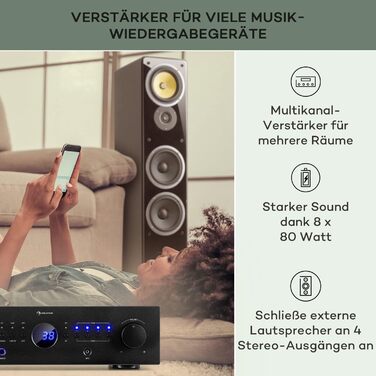 Міні-підсилювач Auna HiFi Stereo, 4 канали, керування низькими та високими частотами, з пультом дистанційного керування та AUX, чорний