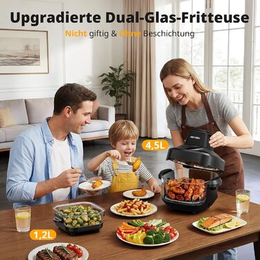 Фритюрниця повітряна AIRMSEN зі скляною чашею, 1500 Вт, 4.5L + 1.2L, 60–230 °C, 4 програми, знімна чаша, для мікрохвильовки та мийки посуду