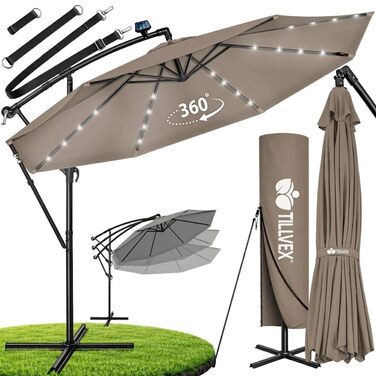 Садова парасолька Tillvex Alu з LED-сонячним освітленням, 300 см, Cappuccino — алюмінієвий зонт з ручкою-кранцем, захистом від UV та вітру, у комплекті з чохлом та стійкою