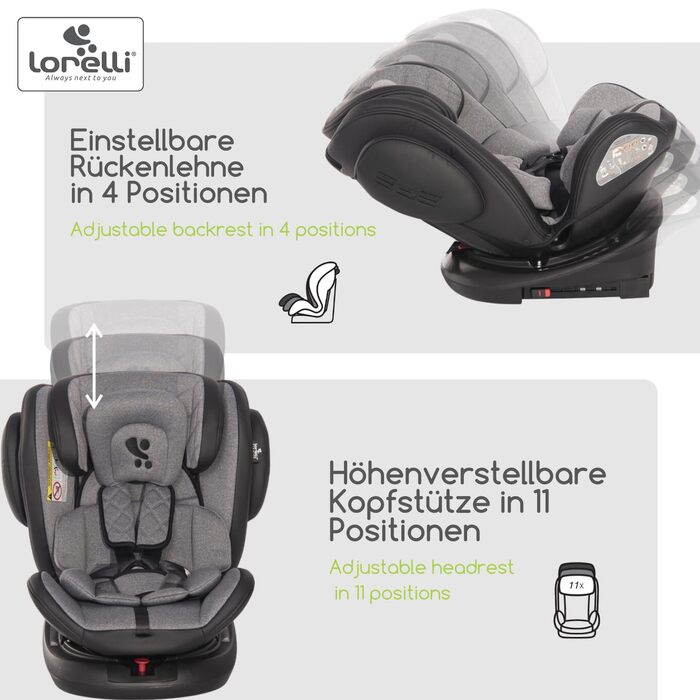 Автокрісло Lorelli Aviator, зростаюче автокрісло з Isofix - група 0/1/2/3 (0-36 кг), дитяче крісло, поворот на 360 градусів, 5-точковий ремінь безпеки, регульований підголівник, зелений (сірий світло-сірий)