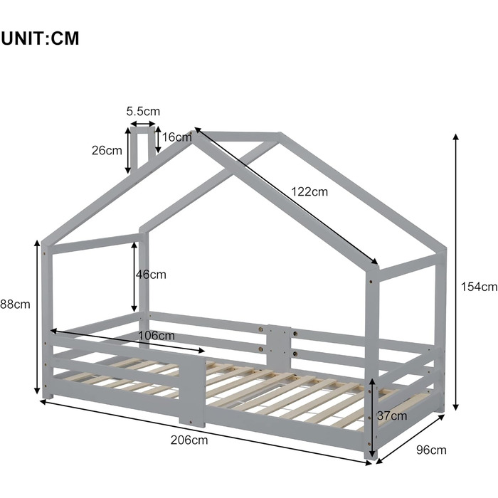 Двоярусне ліжко Moimhear для дітей, 90x200 см, будиночок з сосни (сірий)