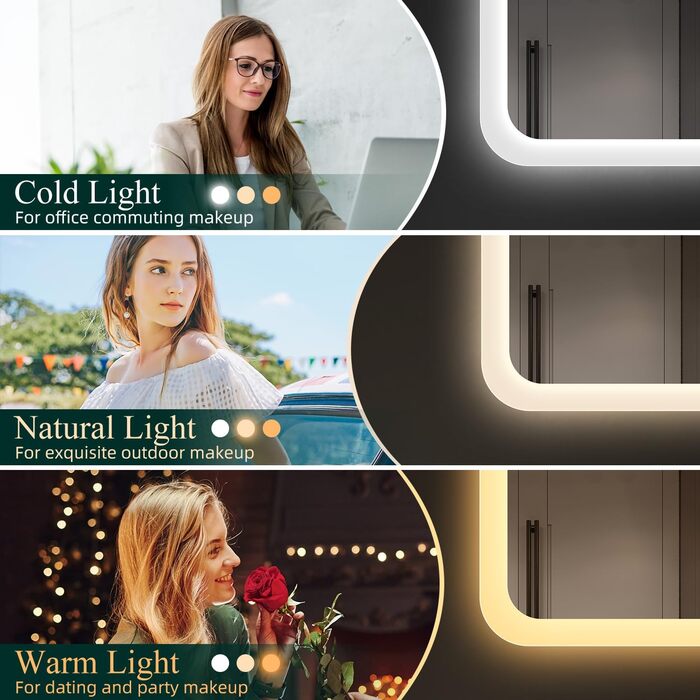 Дзеркало для ванної кімнати S'bagno з підсвічуванням 80x60 см, Bluetooth, 5x лупа, протитуманне покриття, 3 кольори, регулювання яскравості, пам'ять налаштувань, загартоване скло, IP44 вологостійкість, горизонтальне/вертикальне встановлення