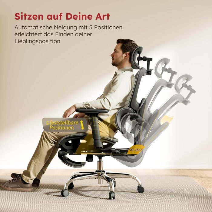 Ергономічне крісло для офісу Voll-Mesh з підголівником, підставкою для ніг, регульованою спинкою, підлокітниками, саморегульованою поперековою підтримкою, PU-колесами, поворот на 360°, 150 кг, темно-сірий