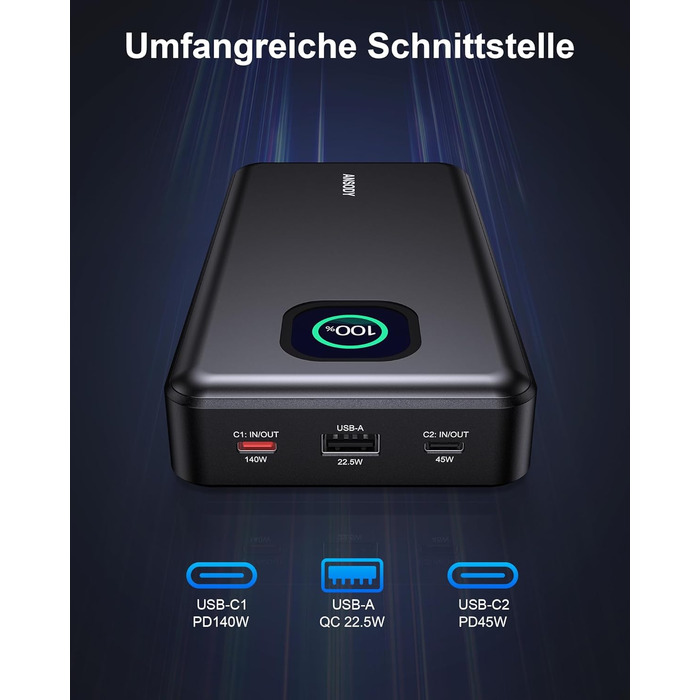 Power Bank 140W, 25000mAh з дисплеєм для ноутбука, MacBook, iPad, iPhone, Switch. Швидка зарядка PD3.1 (Сірий)