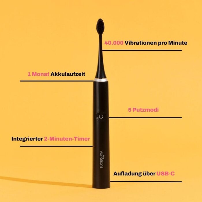 Електрична зубна щітка My Variations чорна: 5 режимів, таймер 2 хв, акумулятор до 1 місяця, 1 насадка