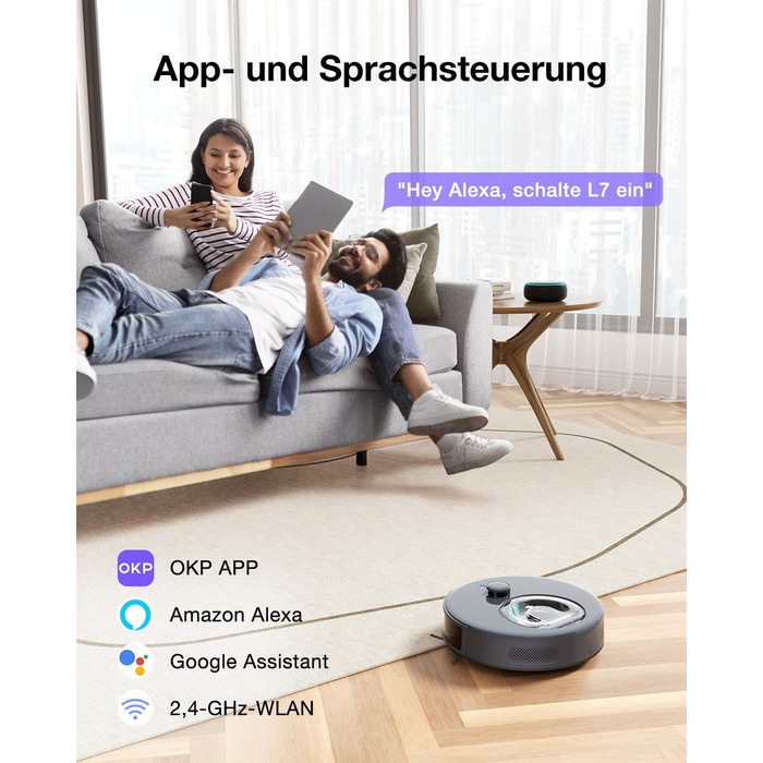 Робот-пилосос OKP L7G 3-в-1 з функцією миття, 6000Pa, LiDAR, 150 хв, WiFi, Alexa, для тварин, килимів, твердих підлог, сірий