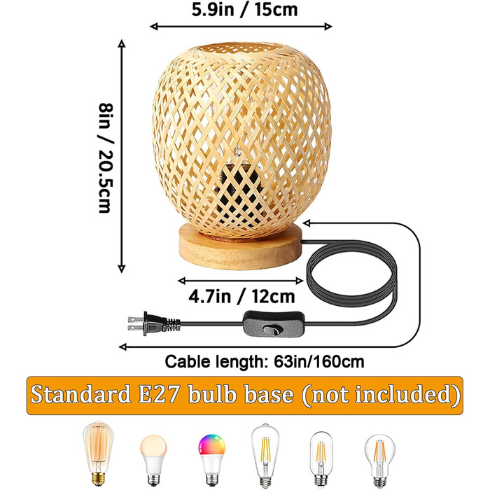 Бамбукова настільна лампа Vintage E27 з вимикачем, ручна робота, кабель 1,8 м для спальні/вітальні