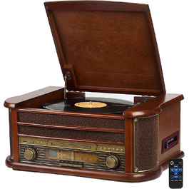 Ретро музичний центр Nostalgie з Bluetooth, касетною декою, CD/MP3/USB програвачем, радіо, програвачем вінілових платівок, AUX IN, записом MP3 та пультом