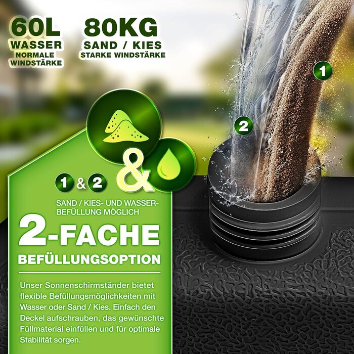 Підставка для парасольки Tillvex® 90 літрів / 120 кг – 4 частини для парасольки-намету з металевим з'єднувачем | Заповнюється водою або піском | Чорна, стійка до погодних умов