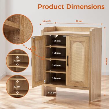 Шафа для взуття 5-ти ярусна у стилі Фармхаус з 2 дверцятами, самостійна шафа для взуття з регульованими полицями та металевими куточками для прихожого та коридору, білий (Ротен Браун, Коричневий)