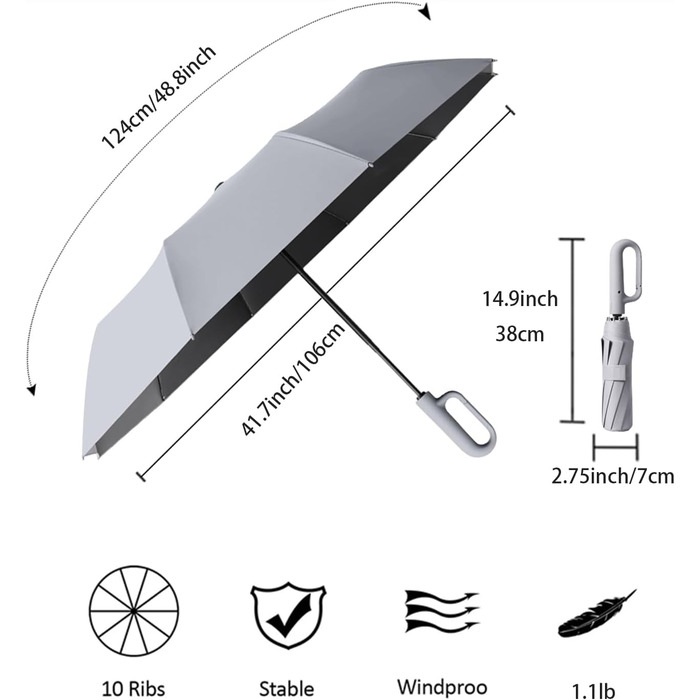 Парасолька велика, 10 ребер, штормозахисна, автоматична, захист від ультрафіолету UPF 50, ручка карабіна, сіра, 106см