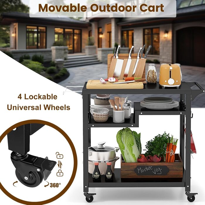 Візок для гриля Komfotteu з металу, садовий візок з робочим столом, 4 полиці та ручка, візок для гриля з 6 гачками та тримачем для сміттєвих пакетів, чорний