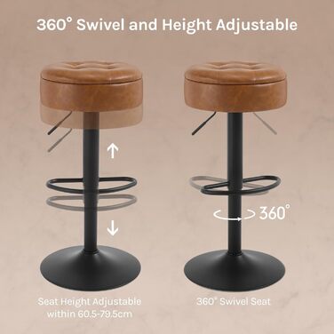 Барні стільці WOLTU 2 шт. з місцем для зберігання, регульовані по висоті, 360° обертання, для кухонної вишки, їдальні, бару, кухні, вітальні, штучна шкіра, метал, коричневий, вінтажний стиль