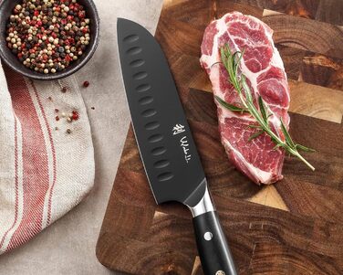 Набір кухонних ножів Wakoli Titanium Noir (5 предметів) з бруском - професійний набір ножів з титанового покриття, нержавіюча сталь, чорний, магнітний бруск, включає ніж Сантоку