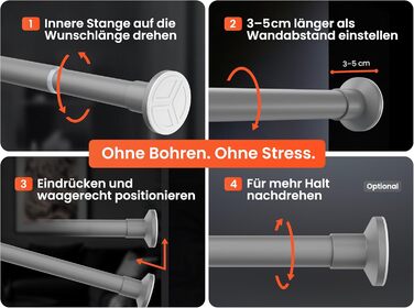 Телескопічна штанга для кріплення 260-310 см, Ø 25 мм, багатофункціональна штанга без свердління. Підходить для карнизів, штор, душових завіс, ванних кімнат та балконів (70-120 см, сіра)