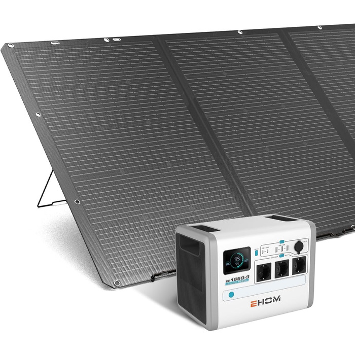 EHOM Портативна електростанція EP1650, 1024Wh, сонячний генератор LiFePO4, 3 * 1650W (пікова 2700W), 2 * 100W USB-C, сонячна зарядка 400W, тиха, резервне живлення для дому, подорожей, кемпінгу та саду (Ep1650+es400)