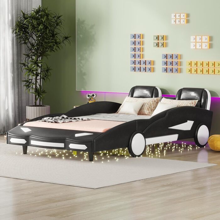 Дитяче автомобільне ліжко Merax Дитяче ліжко Модель автомобіля Ліжка, односпальне ліжко з рейковим каркасом і місцем для зберігання, ігрове ліжко для маленьких гонщиків хлопчиків і дівчаток, PU поверхня, до 250 кг, білий (140 x 200 см, чорний-1)
