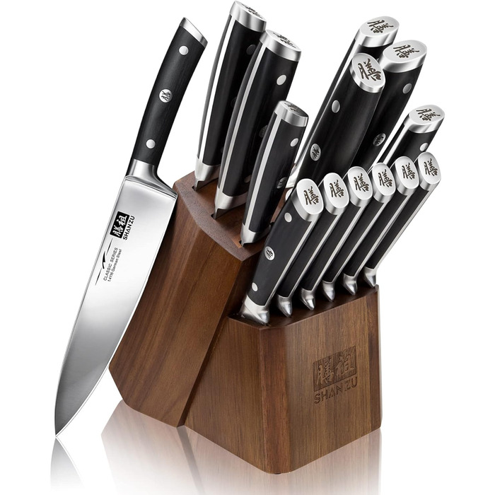 Набір кухонних ножів SHAN ZU з бруском, 14 предметів. Професійний німецький набір ножів для кухні з бруском, дерев'яний, сріблястий.
