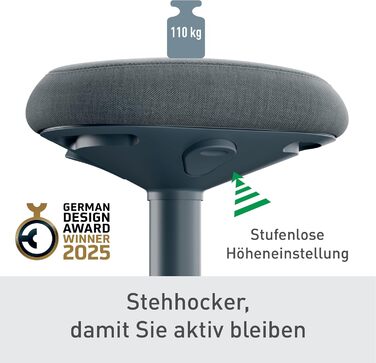 Leitz Ergo Active Столик для стояння з пінопластовим сидінням, регульована висота 57-82 см, оббивка з переробленого матеріалу, до 110 кг, серія Ergo, темно-сірий, 65450089
