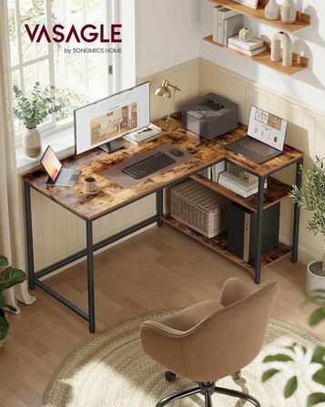 Кутовий стіл VASAGLE L-подібний для дому та офісу, комп'ютерний стіл з полицями, 120 x 80 см, вінтажний коричневий (LWD136KD01)