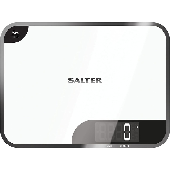 Цифрові кухонні ваги Salter 1079 WHDR - світлодіодний дисплей, що легко читається, подвійна функція, дуже велика глянцева платформа для різання та зважування, функція тари, місткість 15 кг, вимірювання рідин, білий (макс. 5 кг)