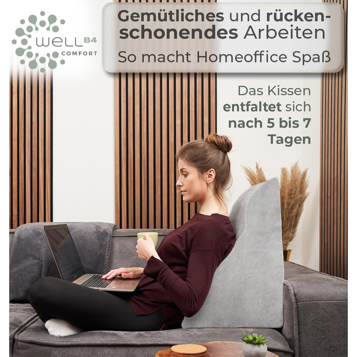 Ергономічна подушка для читання та підтримки спини WELL B4 з ефектом пам'яті (Memory Foam) для ліжка та дивана, сіра, широка