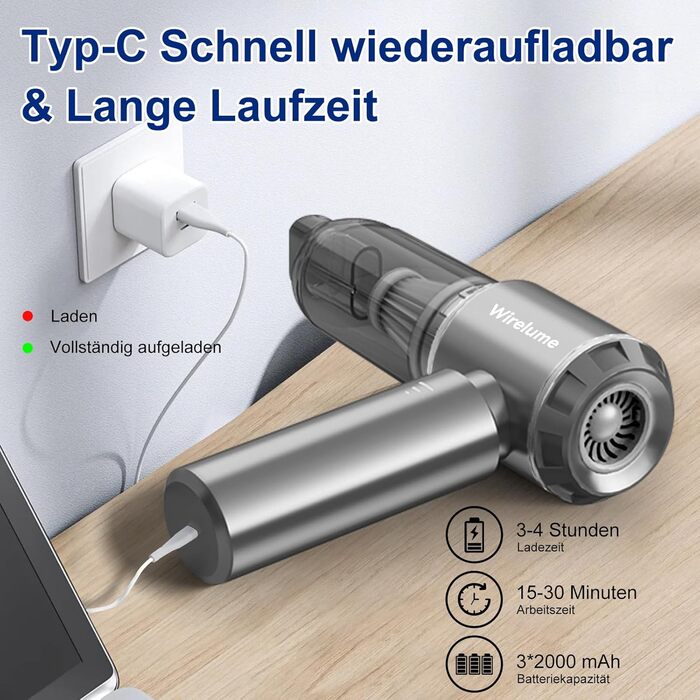 Акумуляторний ручний автомобільний пилосос 4 в 1, потужність 22000 Па, циклонна система, 3 режими всмоктування, портативний бездротовий пилосос для авто та шерсті тварин (Темно-сірий)