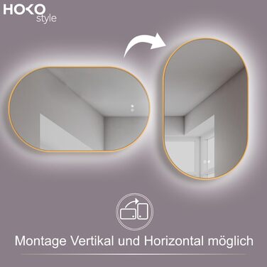 Дзеркало для ванної кімнати HOKO Design LED Turin овальне 45x75 см, рамка матовий чорний, LED підсвітка, сенсорне управління, зміна кольору світла (тепле/холодне/нейтральне), монтаж HOCH+QUER, антизапарник