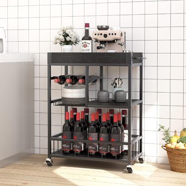 Сервізний візок Huhote з полицею для вина, барний візок, візок для напоїв, візок на колесах, візок для вина в їдальню, кухню, вітальню, бар, вечірку, з імітацією дерева (чорний, металевий кошик)