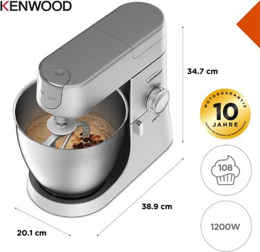 Кухонний комбайн Kenwood Chef XL KVL4100S з великою чашею 6.7 л з нержавіючої сталі, 1200 Вт, набір для випічки, срібний