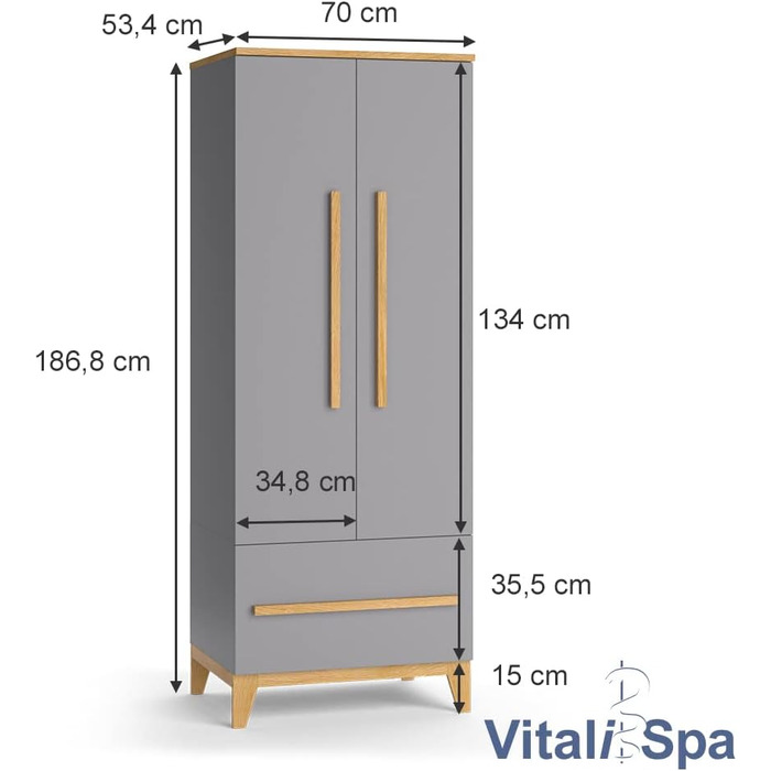 Дитячий гардероб VitaliSpa Malia, /Дуб, 70 x 187 см (Сірий)