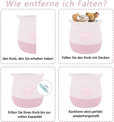 Великий кошик з бавовняного шнура, плетений кошик для іграшок, білизни та ковдр, організатор, круглий кошик для подарунків з ручками для дитячої кімнати, 45x43 см, Рожевий