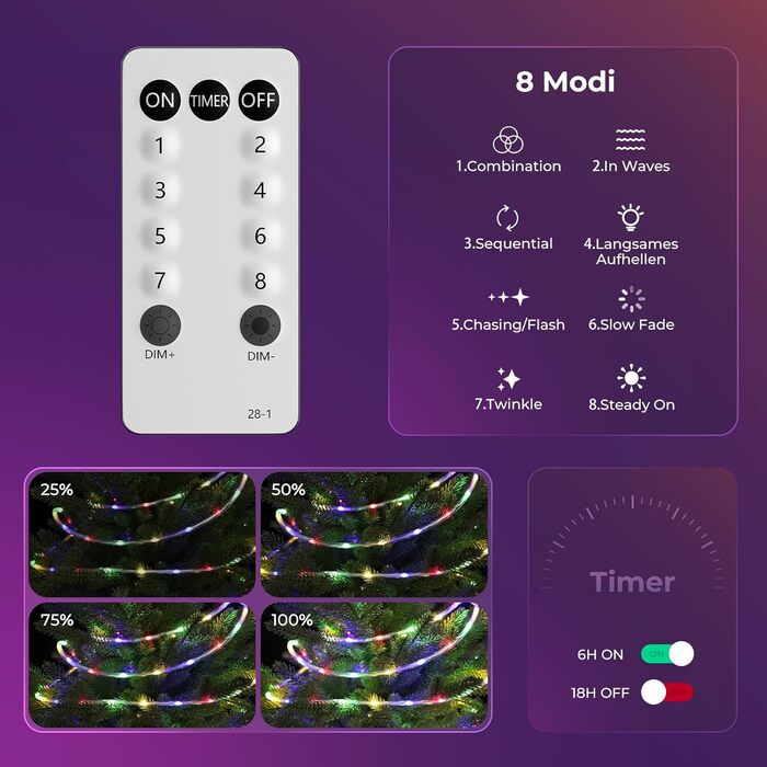 LED гірлянда для декорування: 24 лампочки, 12 м, RGB, тепле біле світло, 8 режимів, таймер, димування. Підходить для дому, саду, балкону, вечірки, весілля, святкування Різдва.