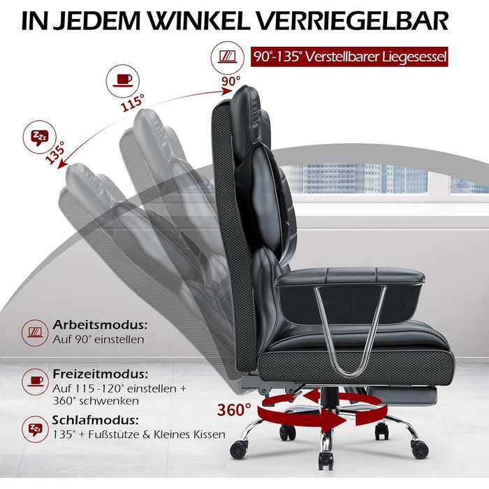 Офісний крісло Naspaluro з підніжкою, ергономічне, для дому та офісу, з підтримкою попереку, PU-шкіра, сірий (чорний 2), 77x66x134 см
