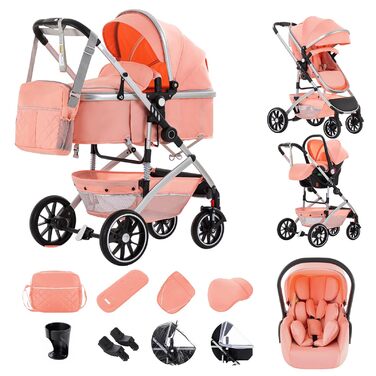 Дитяча коляска 3 в 1 Gcarebb з автокріслом, компактна та легка, для новонароджених 0-4 роки (рожева)