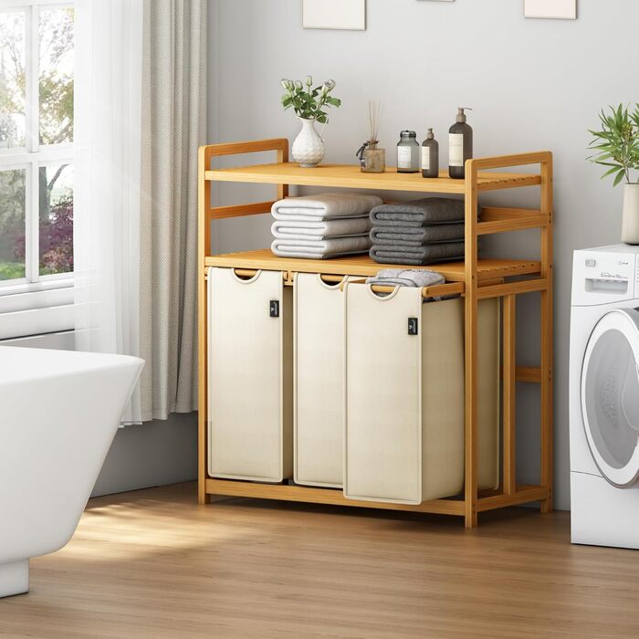 Кошик для білизни AdelDream 150L з 3 відділеннями, висувні полиці та знімний мішок для білизни, бамбуковий каркас, бежевий
