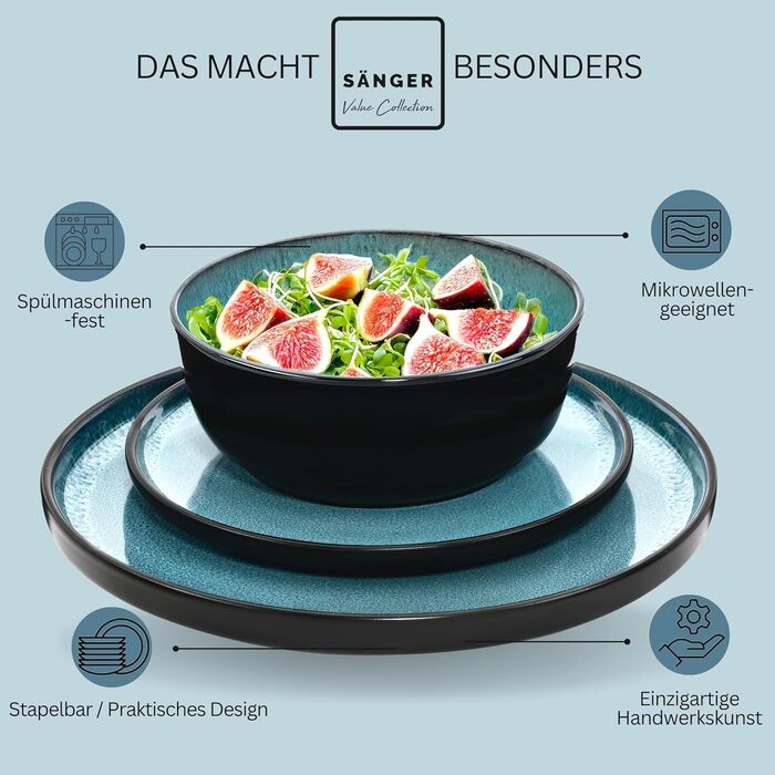 Набір посуду SÄNGER Vigo Kombiservice 30 тг. для 6 осіб: тарілки, чашки, паста, стелінг. Блакитний посуд з чорним обідком. Мікрохвильовка, посудомийна машина, стійкий до подряпин.